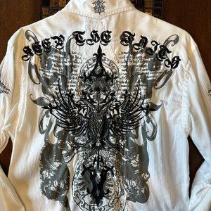 ROAR Men's Medium White Embroidered Long Sleeve Button Shirt Truth Reign…